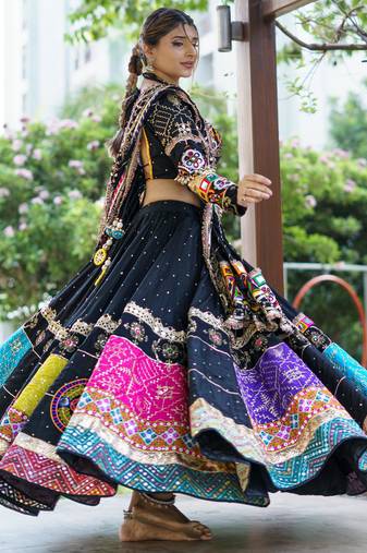 Black Cotton Navratri Mirror Work Lehenga Choli With Dupatta