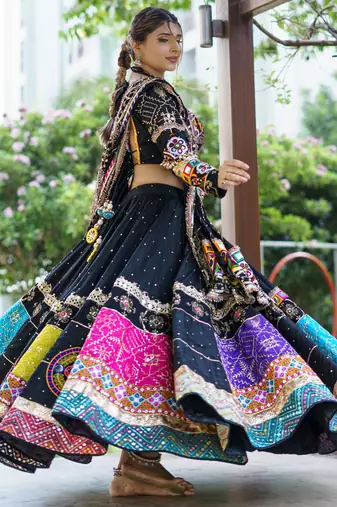 Black Cotton Navratri Mirror Work Lehenga Choli With Dupatta