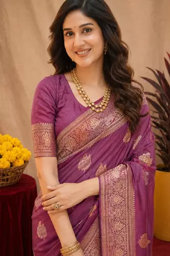purple soft pure pethani silk blend with jari weave work saree with unstitched blouse piece