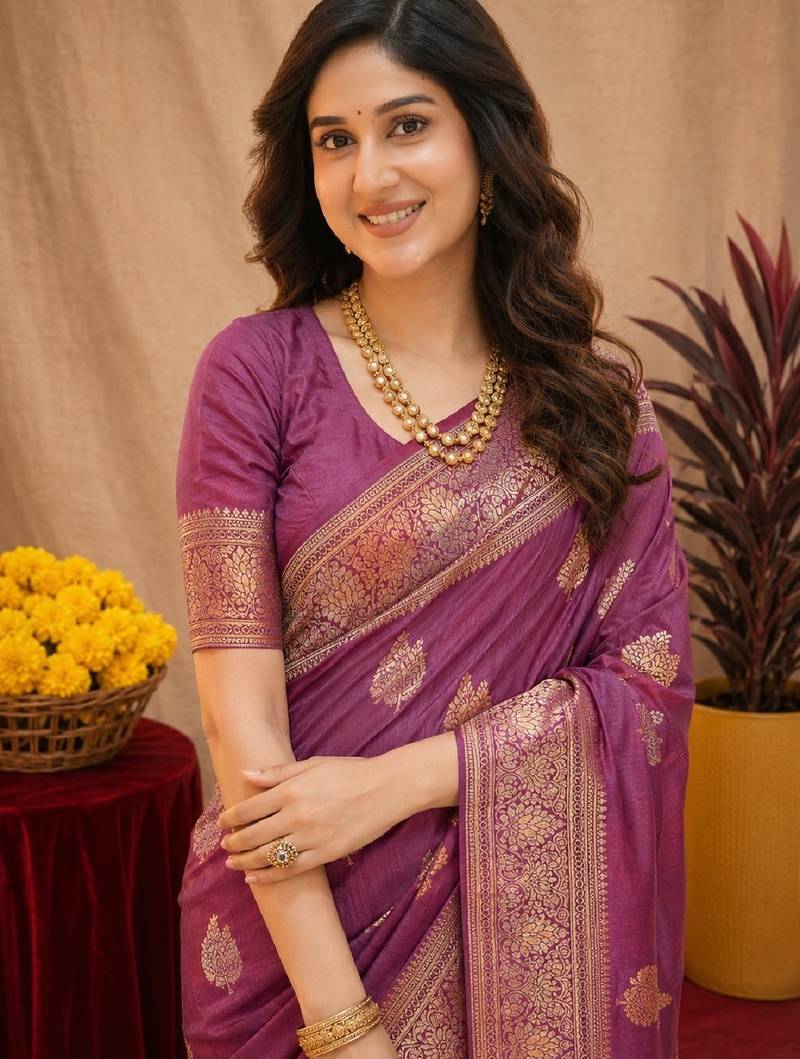 purple soft pure pethani silk blend with jari weave work saree with unstitched blouse piece