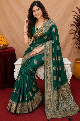 green soft pure pethani silk blend with jari weave work saree with unstitched blouse piece