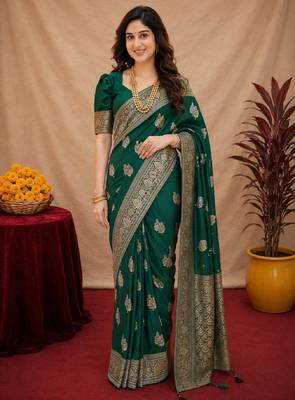 green soft pure pethani silk blend with jari weave work saree with unstitched blouse piece 2