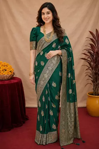 green soft pure pethani silk blend with jari weave work saree with unstitched blouse piece