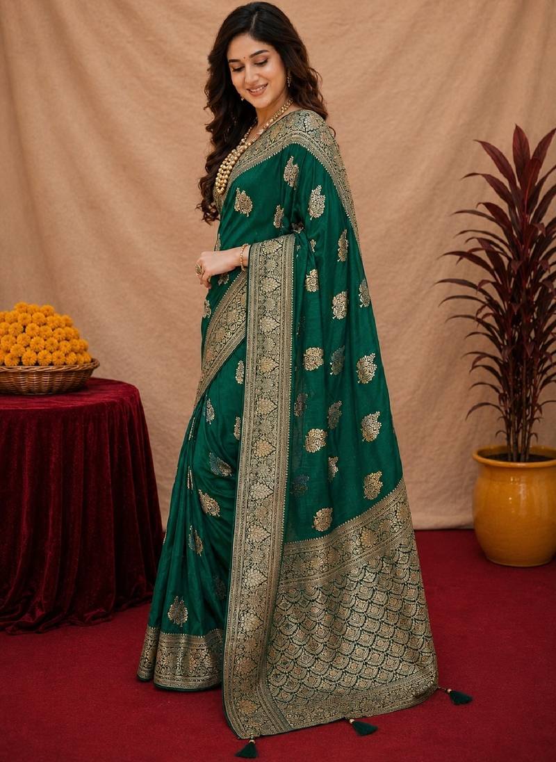 green soft pure pethani silk blend with jari weave work saree with unstitched blouse piece