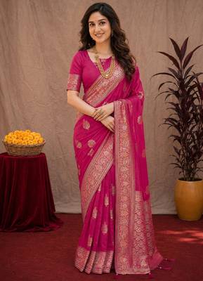 rani pink soft pure pethani silk blend with jari weave work saree with unstitched blouse piece 1