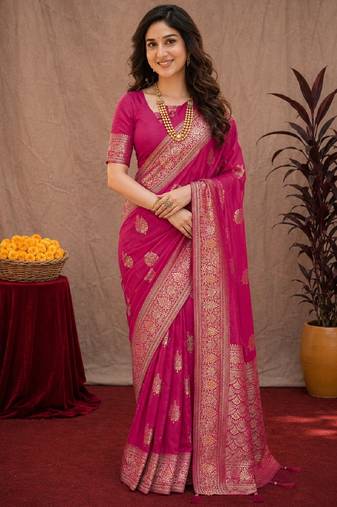 rani pink soft pure pethani silk blend with jari weave work saree with unstitched blouse piece