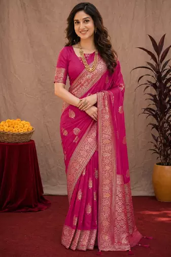 rani pink soft pure pethani silk blend with jari weave work saree with unstitched blouse piece