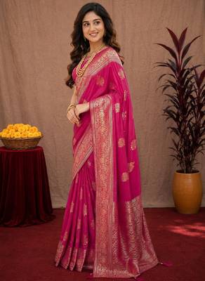 rani pink soft pure pethani silk blend with jari weave work saree with unstitched blouse piece 2