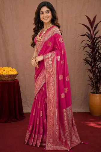 rani pink soft pure pethani silk blend with jari weave work saree with unstitched blouse piece