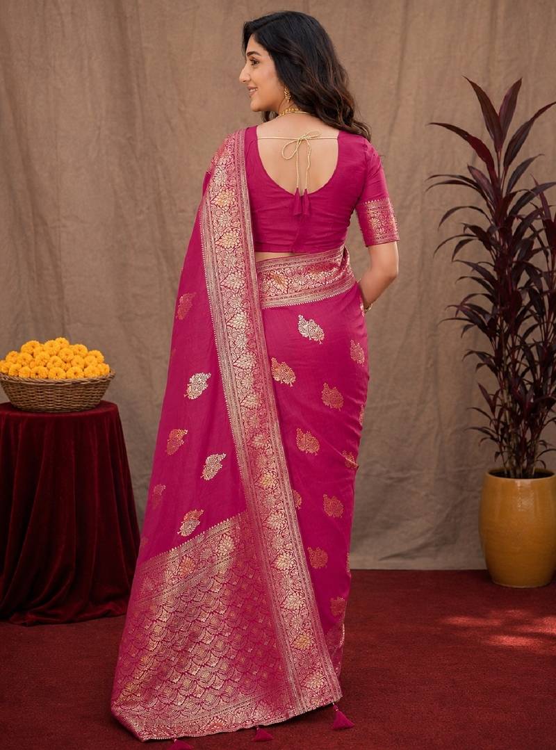 rani pink soft pure pethani silk blend with jari weave work saree with unstitched blouse piece