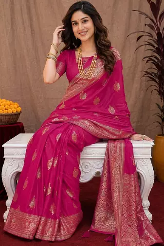 rani pink soft pure pethani silk blend with jari weave work saree with unstitched blouse piece