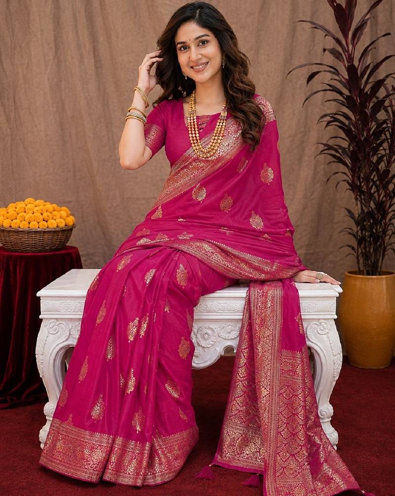 rani pink soft pure pethani silk blend with jari weave work saree with unstitched blouse piece