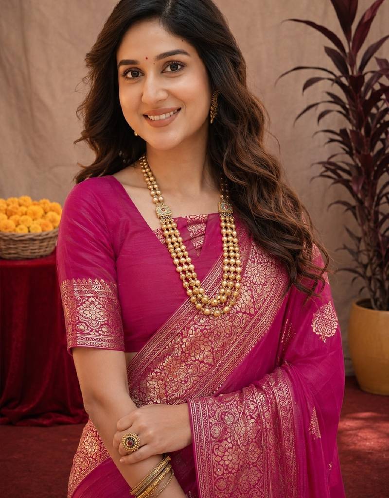 rani pink soft pure pethani silk blend with jari weave work saree with unstitched blouse piece