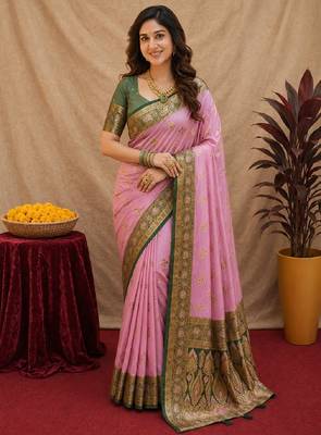 pink green soft silk blend with jacquard woven work saree with unstitched blouse piece 1
