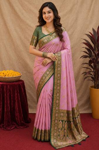 pink green soft silk blend with jacquard woven work saree with unstitched blouse piece