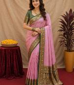 pink green soft silk blend with jacquard woven work saree with unstitched blouse piece