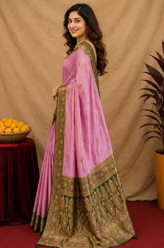 pink green soft silk blend with jacquard woven work saree with unstitched blouse piece