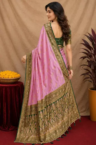 pink green soft silk blend with jacquard woven work saree with unstitched blouse piece