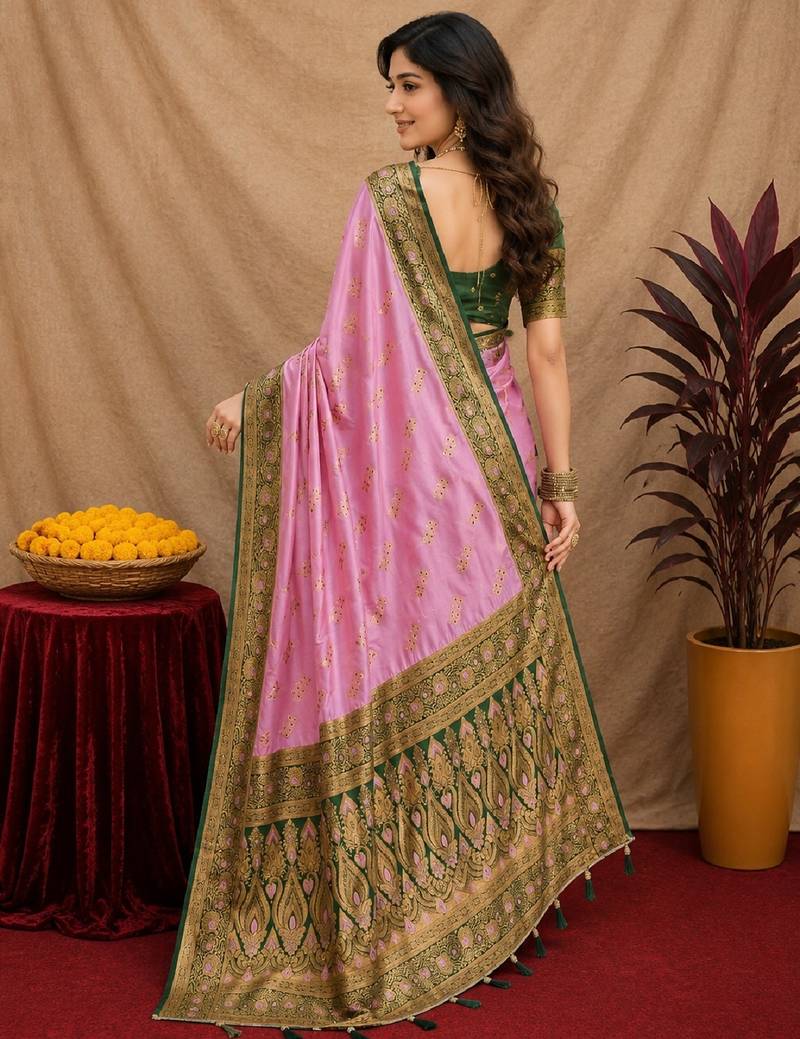 pink green soft silk blend with jacquard woven work saree with unstitched blouse piece