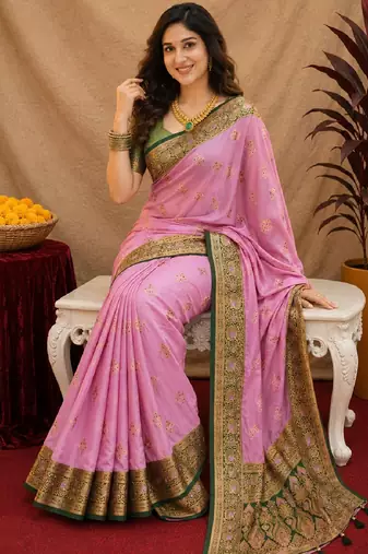 pink green soft silk blend with jacquard woven work saree with unstitched blouse piece