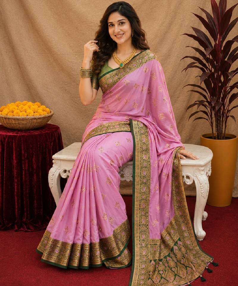 pink green soft silk blend with jacquard woven work saree with unstitched blouse piece