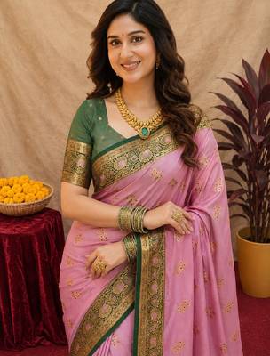 pink green soft silk blend with jacquard woven work saree with unstitched blouse piece 5