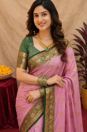 pink green soft silk blend with jacquard woven work saree with unstitched blouse piece