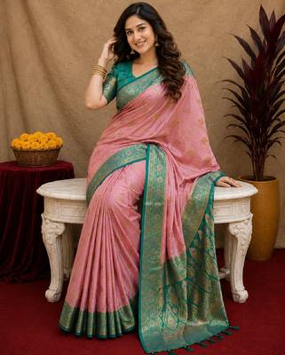 pink rama soft silk blend with jacquard woven work saree with unstitched blouse piece 1
