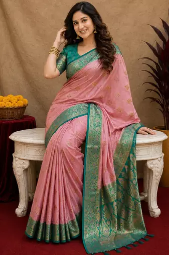 pink rama soft silk blend with jacquard woven work saree with unstitched blouse piece