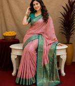 pink rama soft silk blend with jacquard woven work saree with unstitched blouse piece