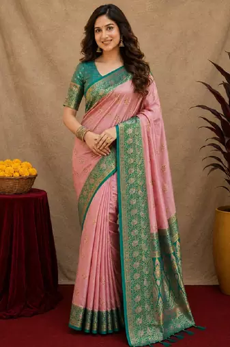 pink rama soft silk blend with jacquard woven work saree with unstitched blouse piece