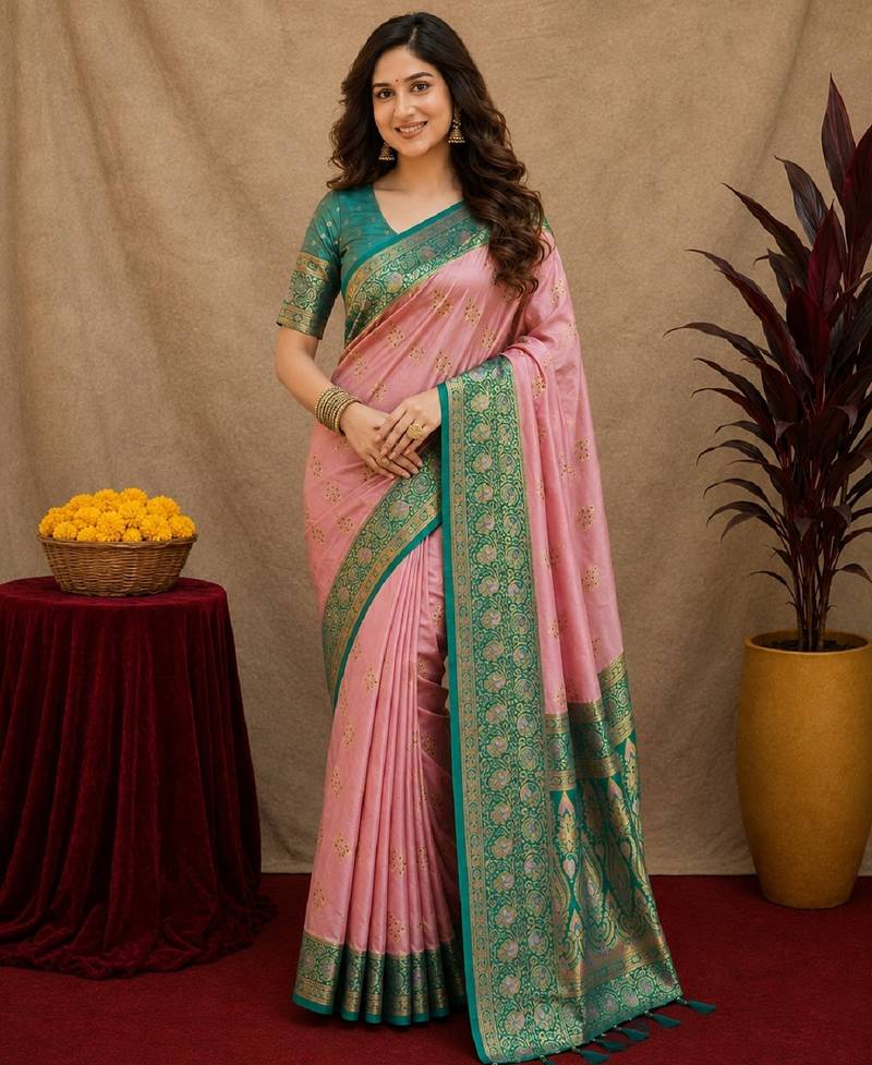 pink rama soft silk blend with jacquard woven work saree with unstitched blouse piece