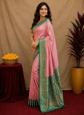 pink rama soft silk blend with jacquard woven work saree with unstitched blouse piece 3