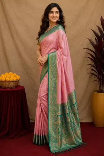 pink rama soft silk blend with jacquard woven work saree with unstitched blouse piece