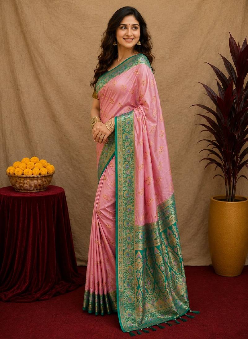 pink rama soft silk blend with jacquard woven work saree with unstitched blouse piece