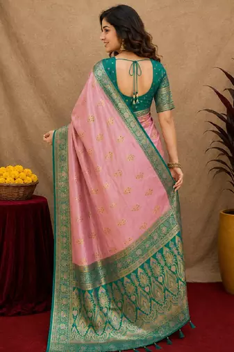 pink rama soft silk blend with jacquard woven work saree with unstitched blouse piece