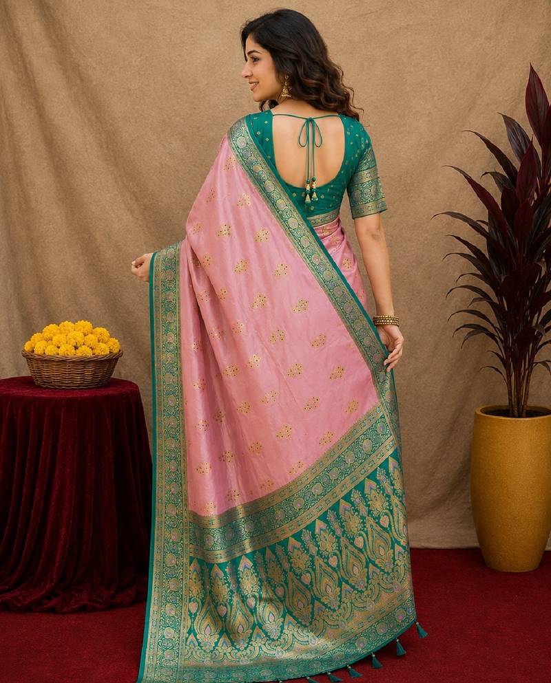 pink rama soft silk blend with jacquard woven work saree with unstitched blouse piece