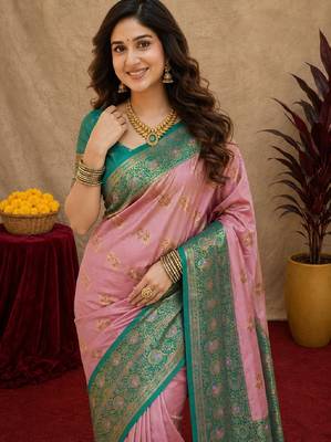 pink rama soft silk blend with jacquard woven work saree with unstitched blouse piece 5
