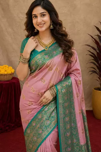 pink rama soft silk blend with jacquard woven work saree with unstitched blouse piece