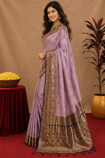 lavender  soft silk blend with jacquard woven work saree with unstitched blouse piece