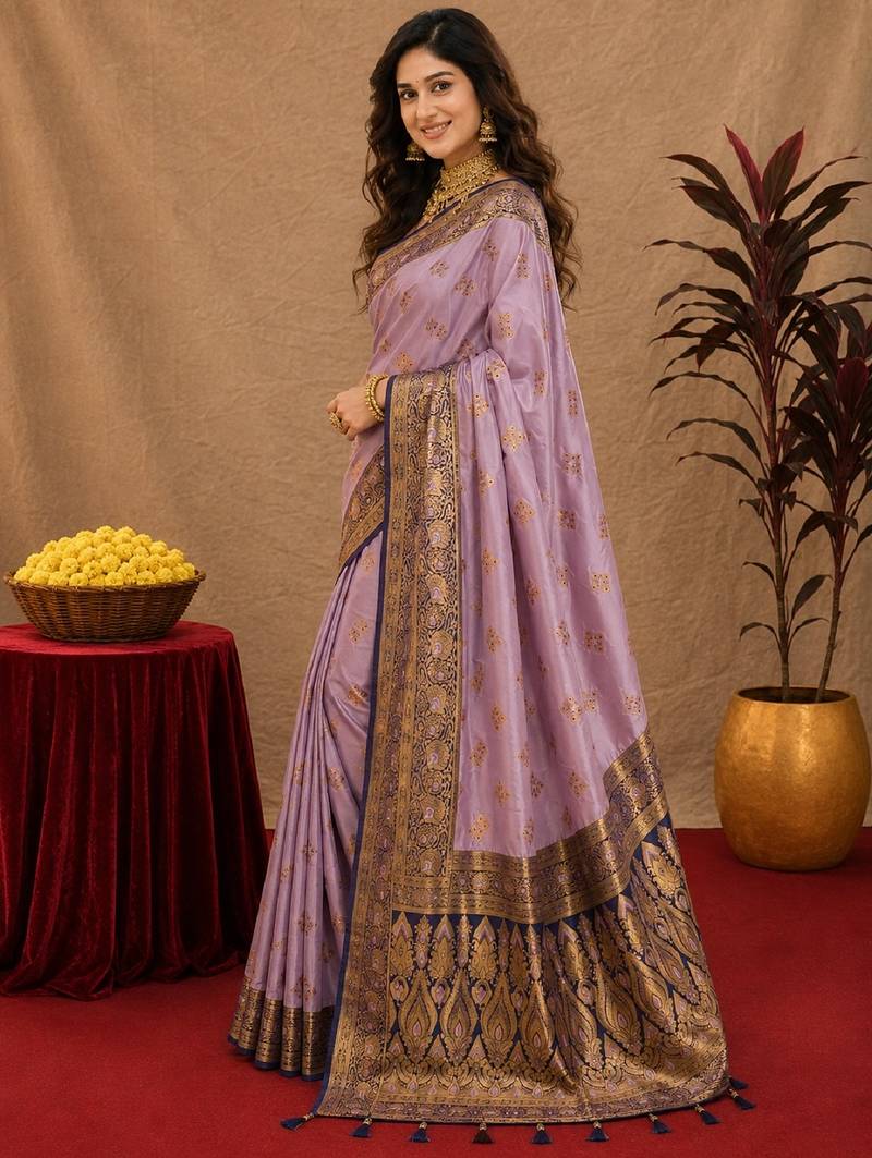 lavender  soft silk blend with jacquard woven work saree with unstitched blouse piece