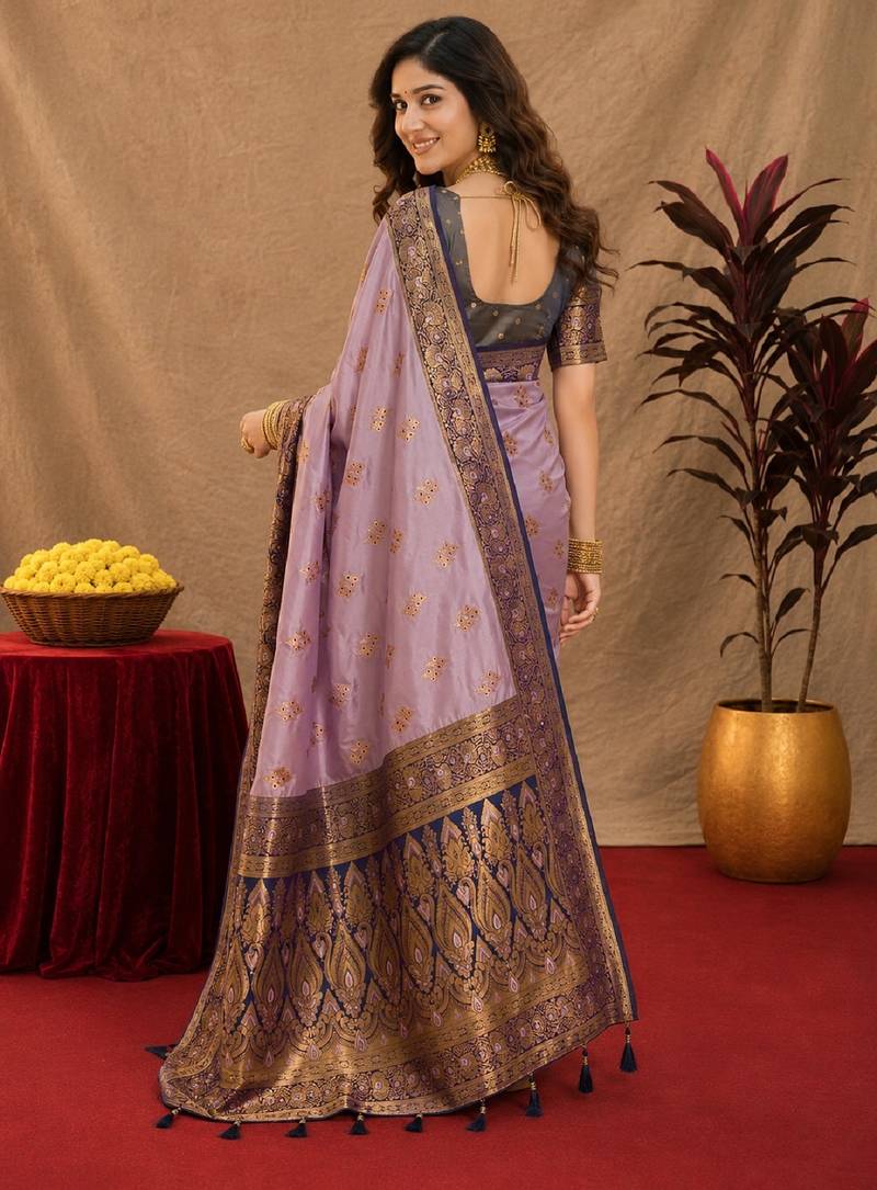 lavender  soft silk blend with jacquard woven work saree with unstitched blouse piece