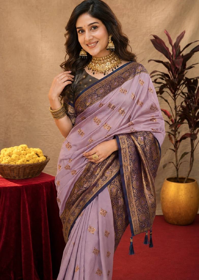 lavender  soft silk blend with jacquard woven work saree with unstitched blouse piece