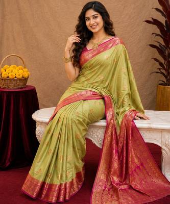 pista pink soft silk blend with jacquard woven work saree with unstitched blouse piece 1