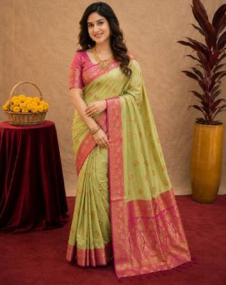 pista pink soft silk blend with jacquard woven work saree with unstitched blouse piece 2