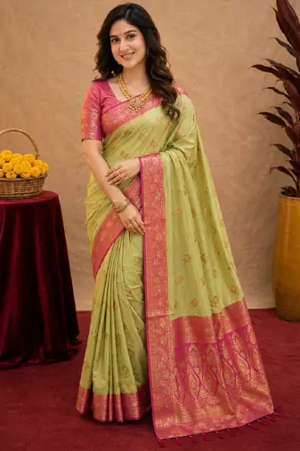 pista pink soft silk blend with jacquard woven work saree with unstitched blouse piece