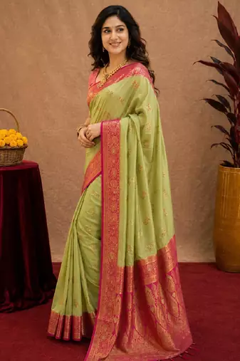 pista pink soft silk blend with jacquard woven work saree with unstitched blouse piece
