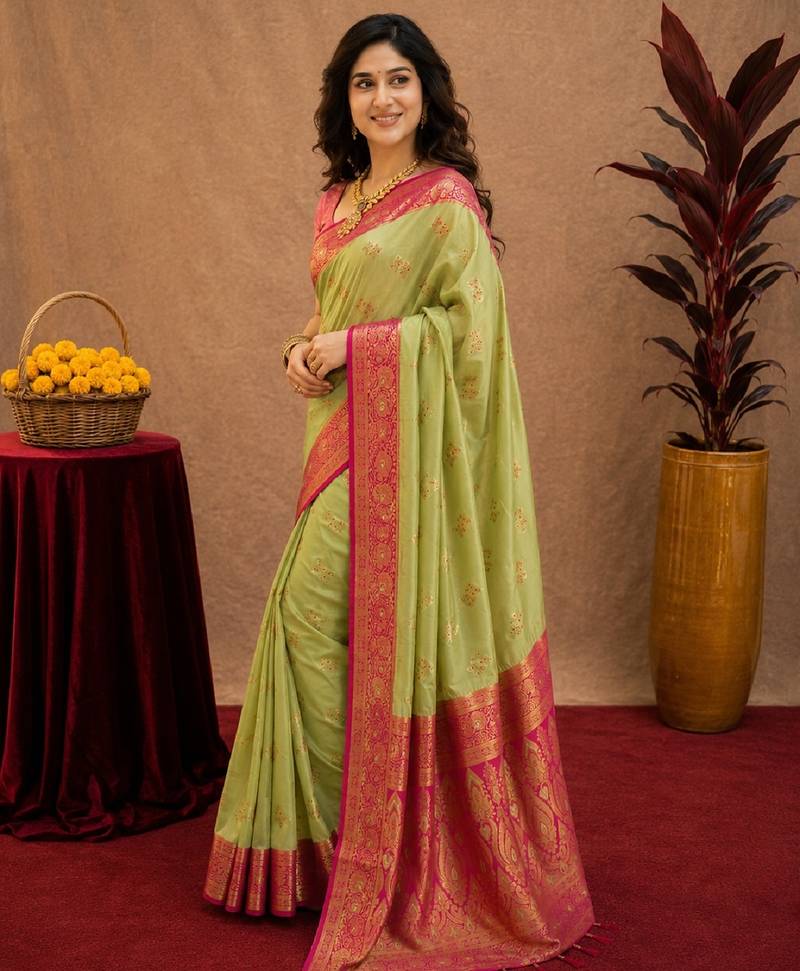 pista pink soft silk blend with jacquard woven work saree with unstitched blouse piece