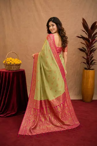 pista pink soft silk blend with jacquard woven work saree with unstitched blouse piece