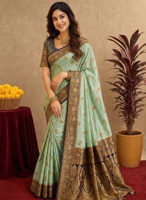 sea green soft silk blend with jacquard woven work saree with unstitched blouse piece 1